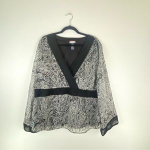 Zoey Beth Plus Womens 2X Blouse Paisley V Neck Sheer Lined Flare Long Sleeve Top